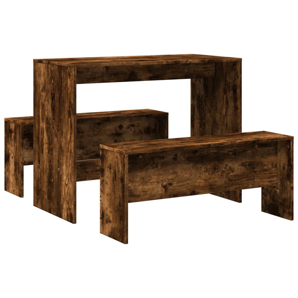 3-piece dining table and bench set smoked oak wood material