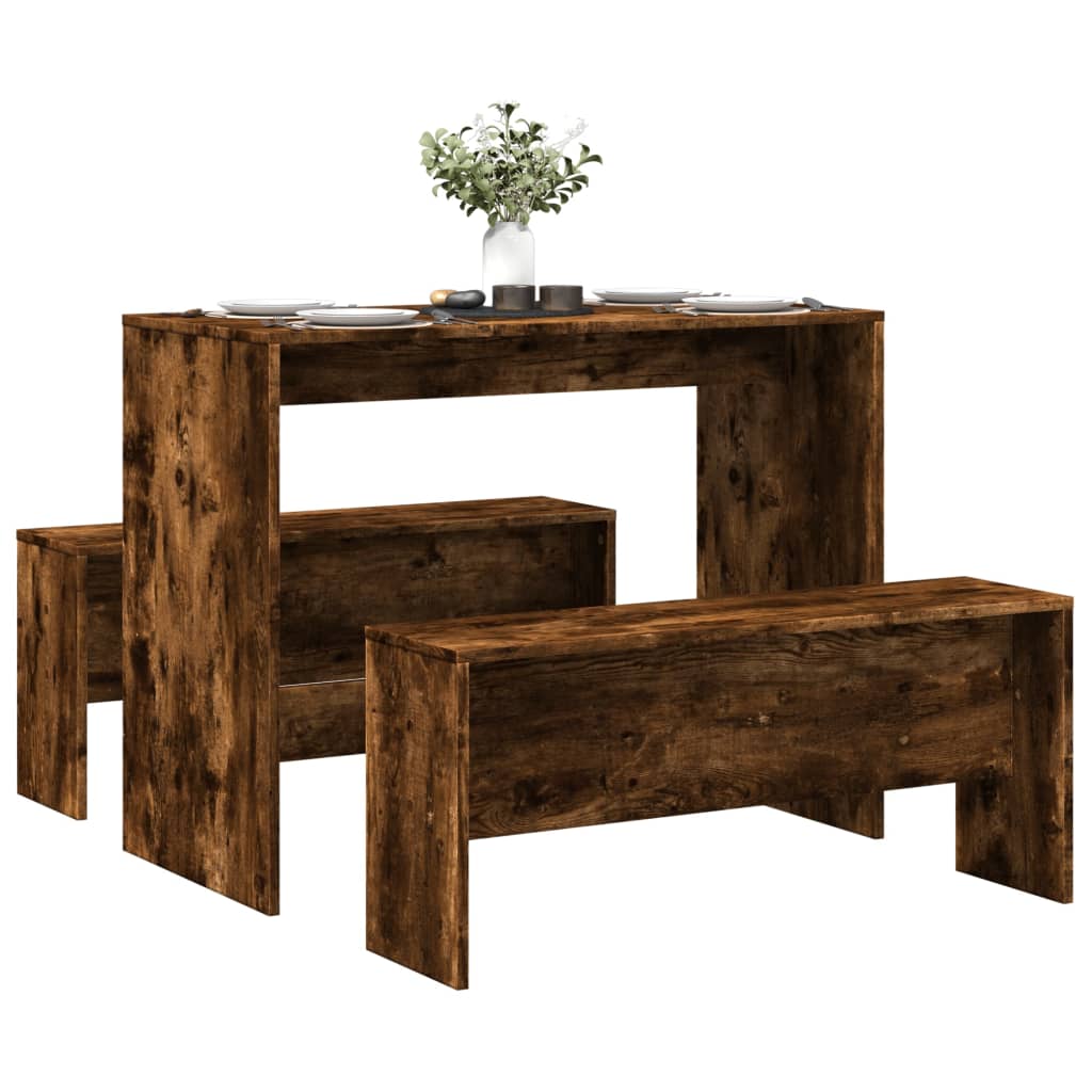 3-piece dining table and bench set smoked oak wood material