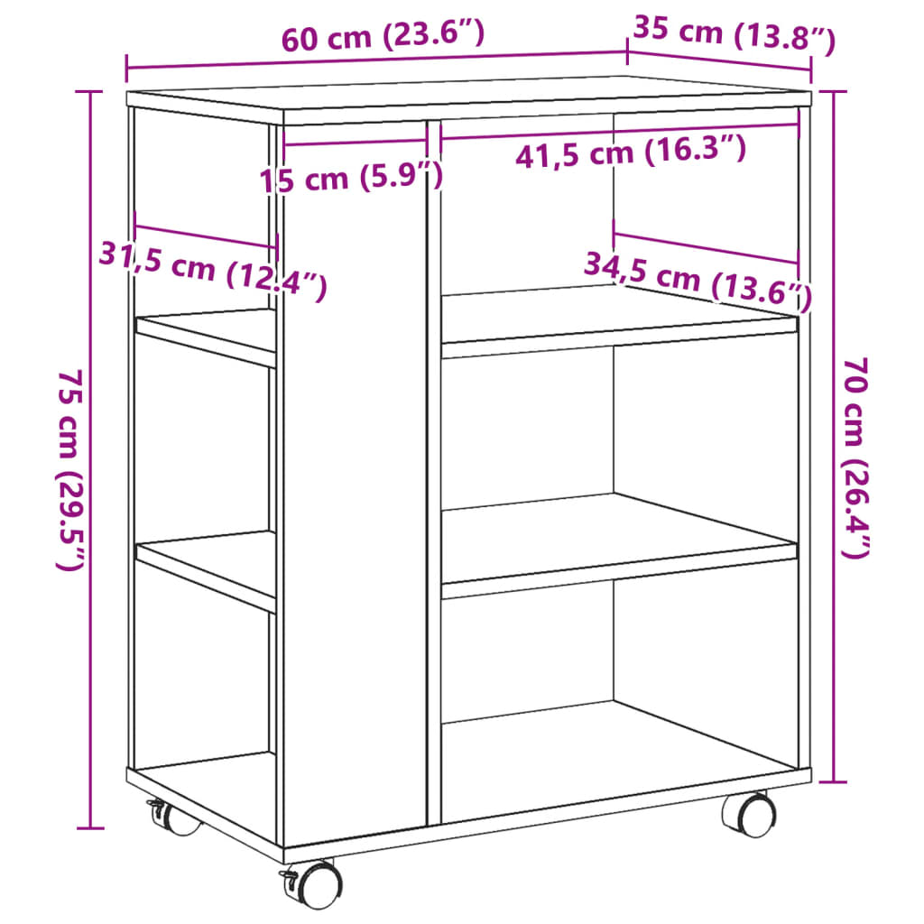 Rollcontainer Artisan-Eiche 60x35x75 cm Holzwerkstoff