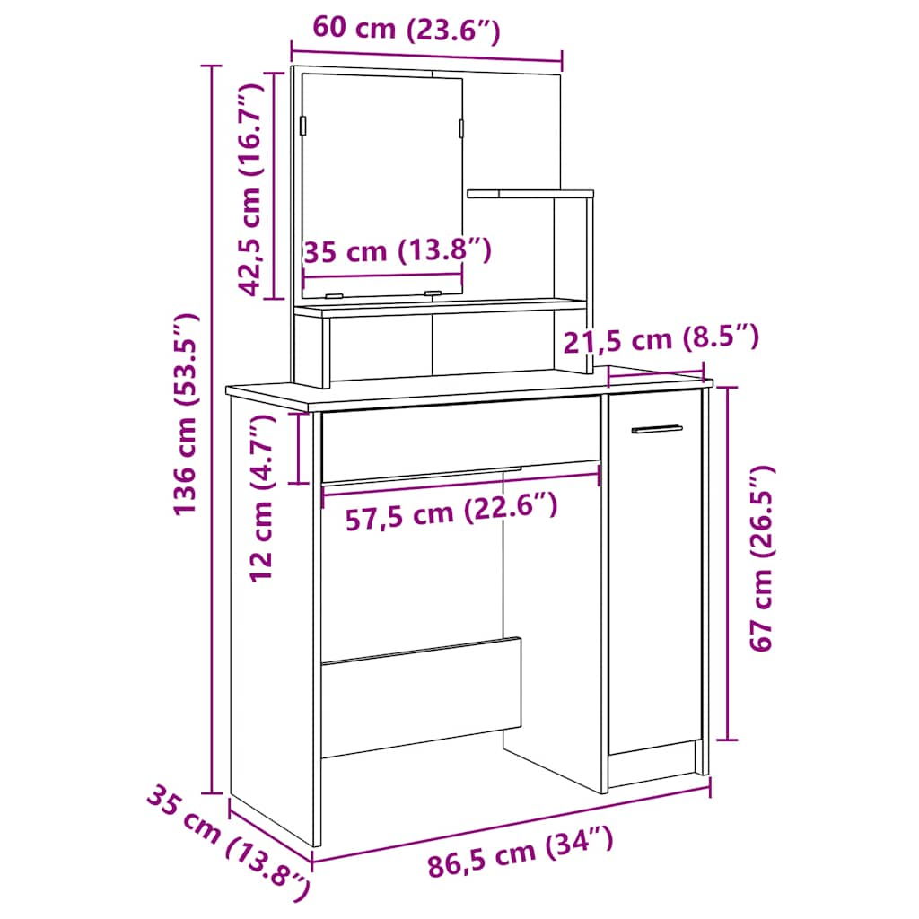 Dressing table with mirror old wood look 86.5x35x136 cm