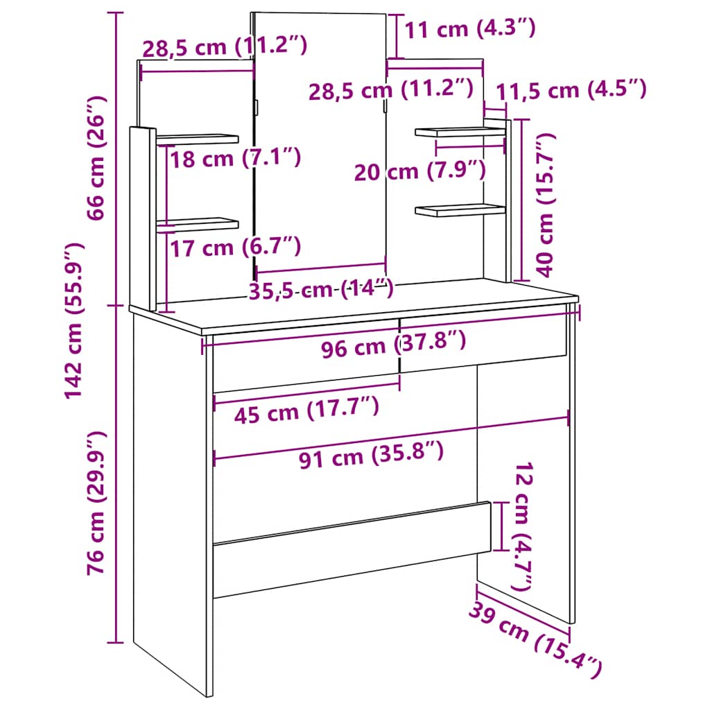 Dressing table with mirror old wood look 96x39x142 cm