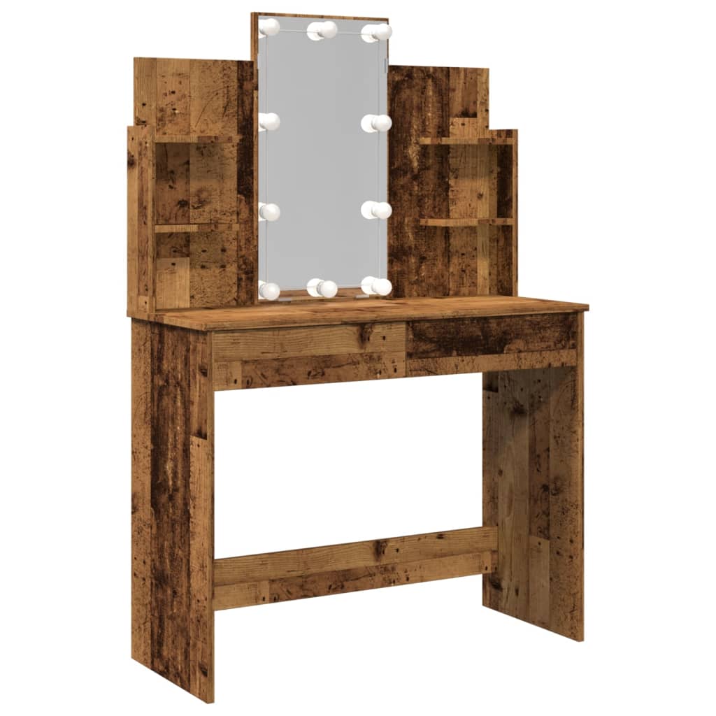 Dressing table with LED lights old wood look 96x40x142 cm