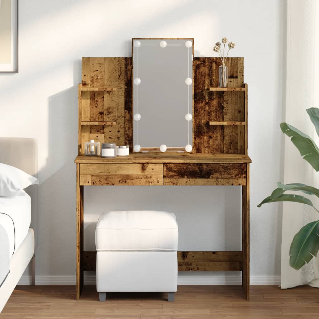 Dressing table with LED lights old wood look 96x40x142 cm