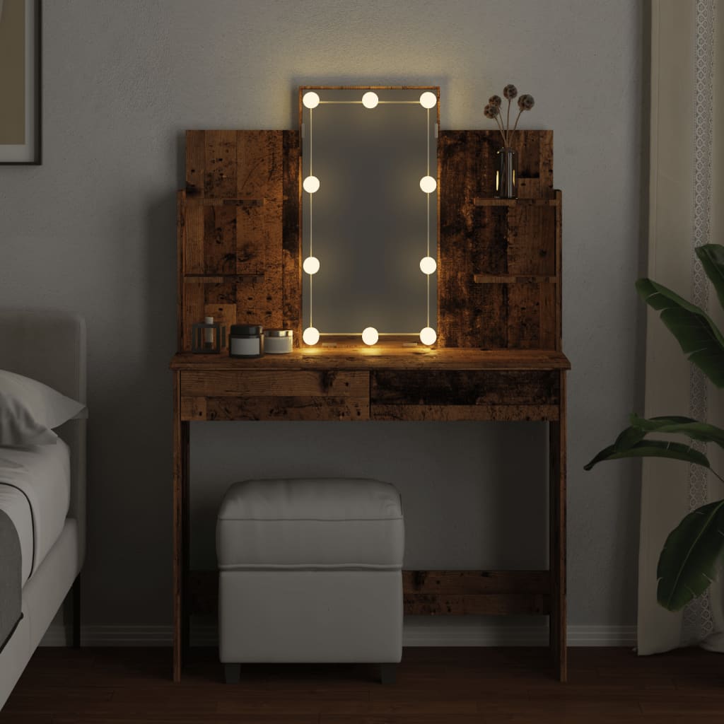 Dressing table with LED lights old wood look 96x40x142 cm