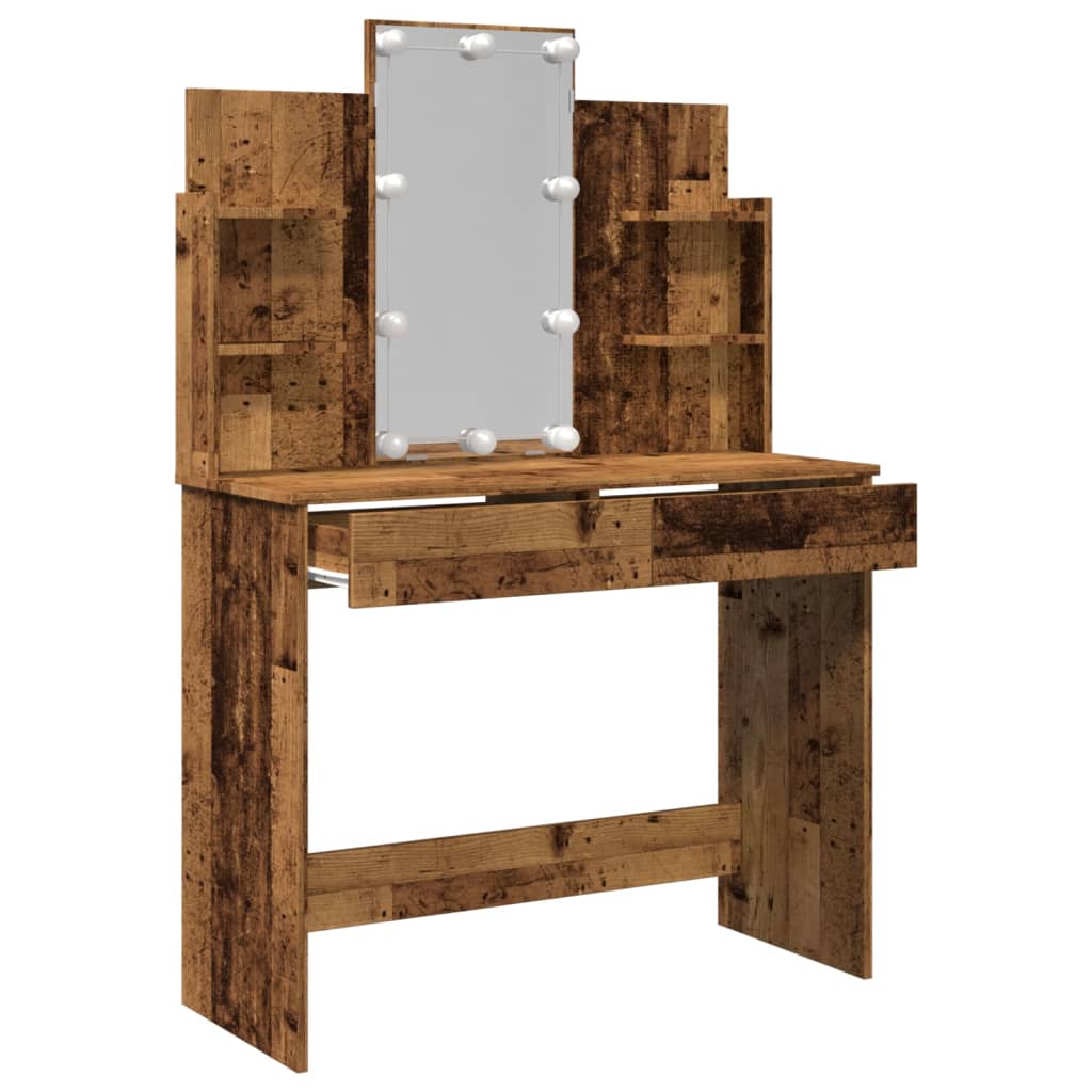 Dressing table with LED lights old wood look 96x40x142 cm