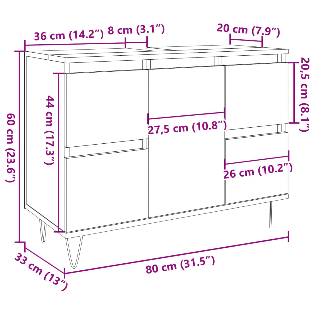 Bathroom cabinet concrete gray 80x33x60 cm made of wood