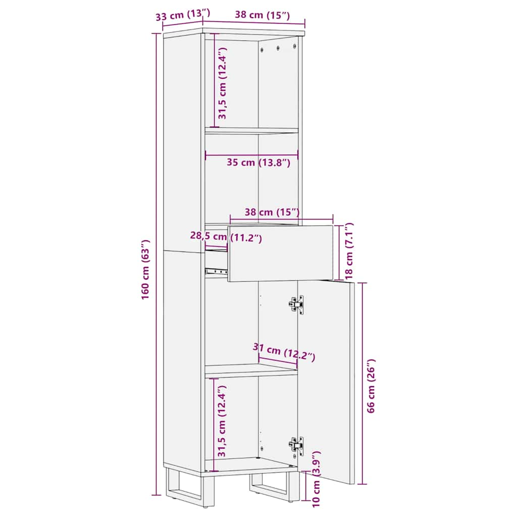 Bathroom Cabinet Black 38x33x160 cm Solid Mango Wood