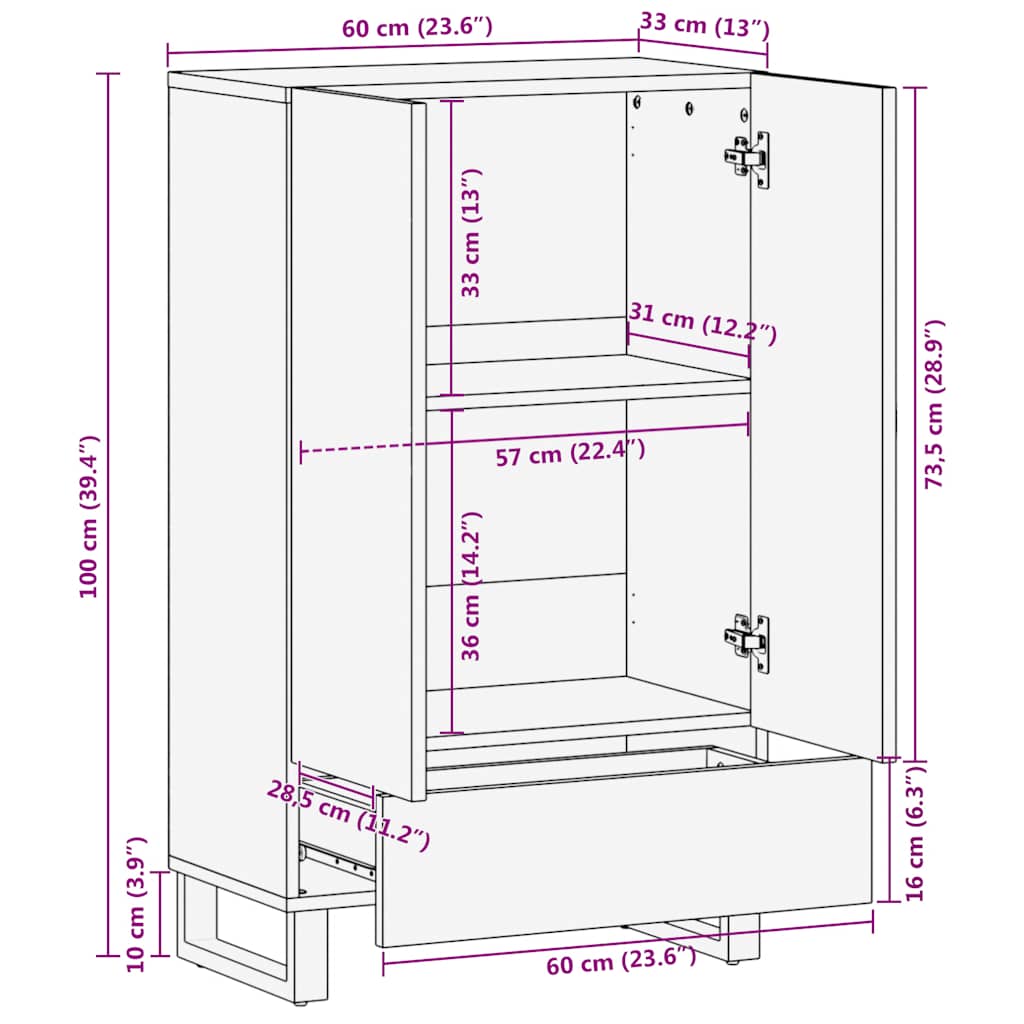 Highboard 60x33x100 cm solid mango wood