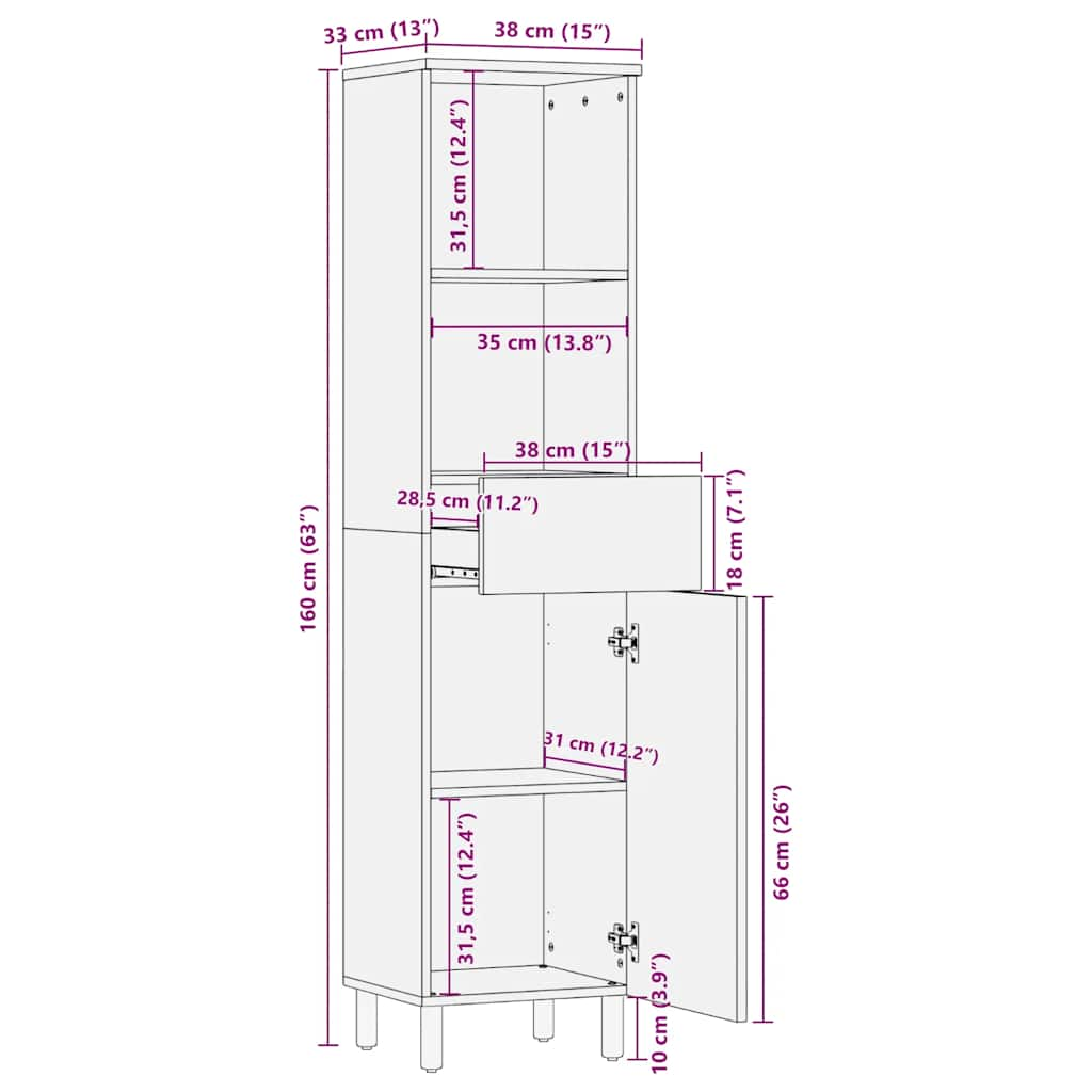 Badschrank Braun 38x33x160 cm Massivholz Mango