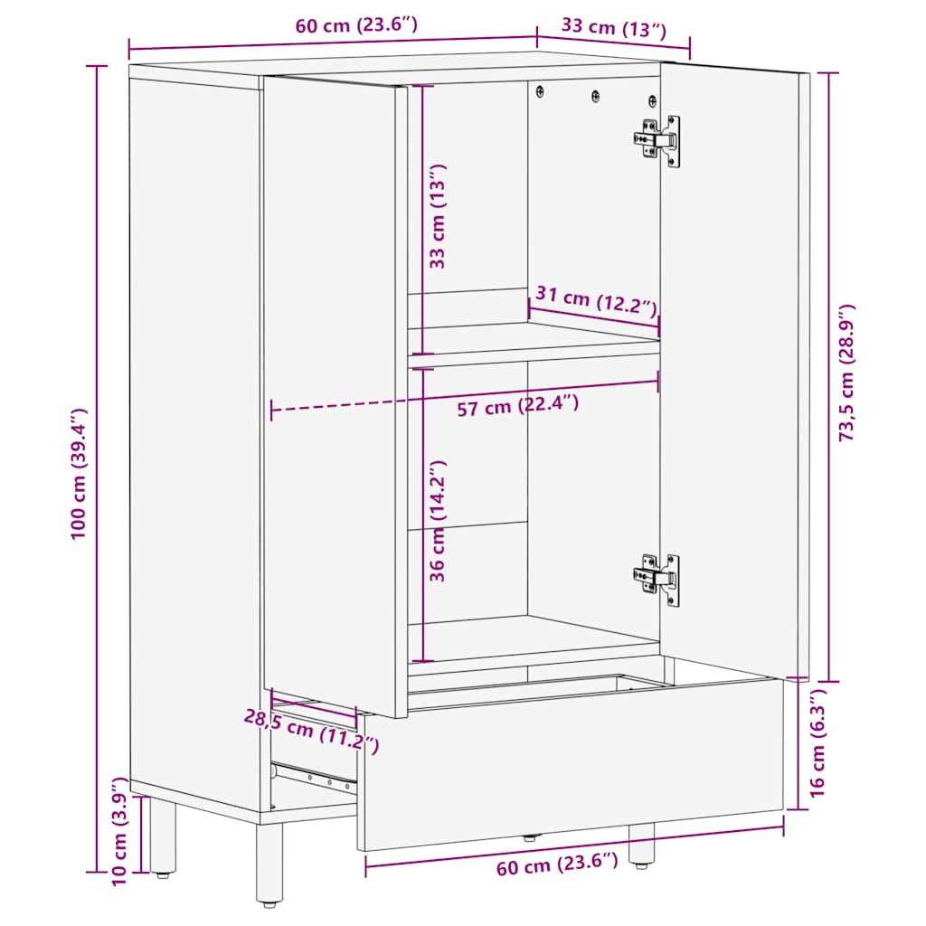 Highboard Brown 60x33x100 cm Solid Mango Wood