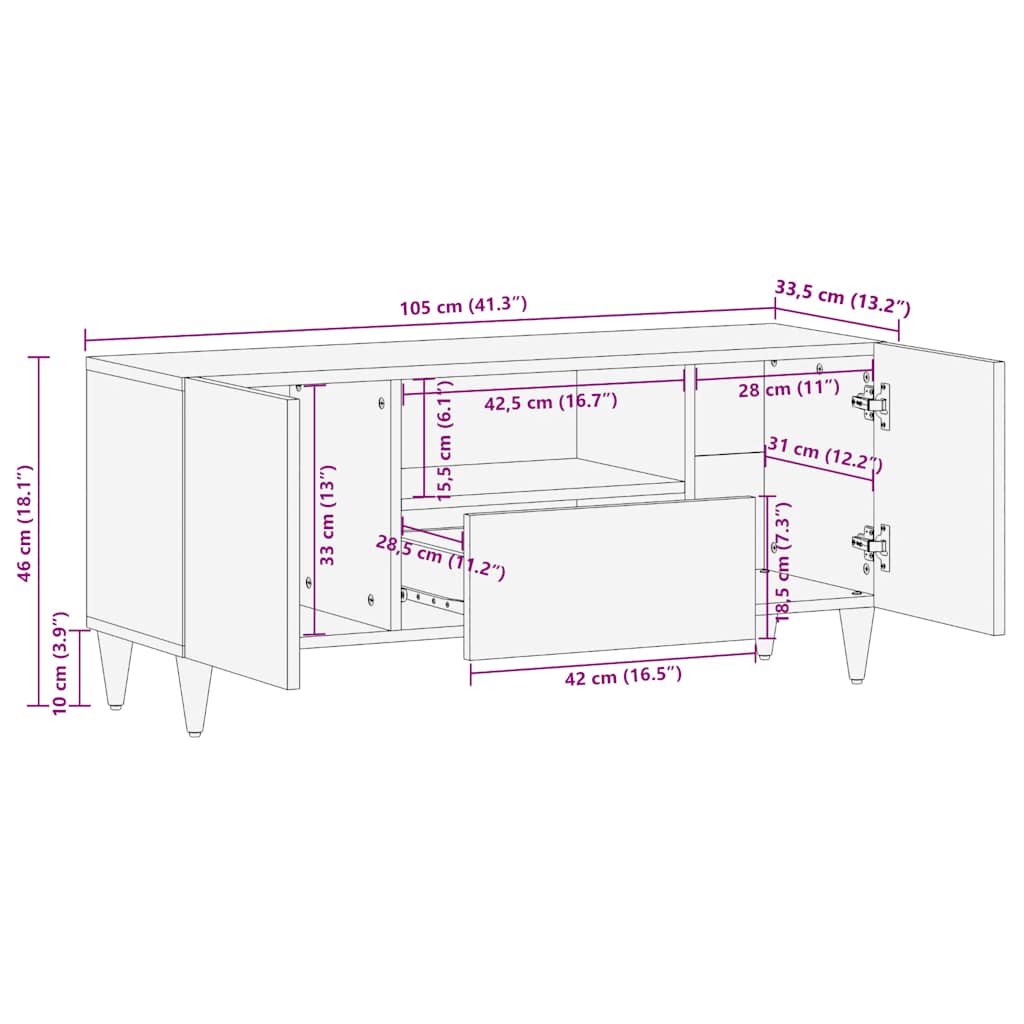 TV-Schrank Hellgrau 105x33,5x46 cm Massivholz Mango