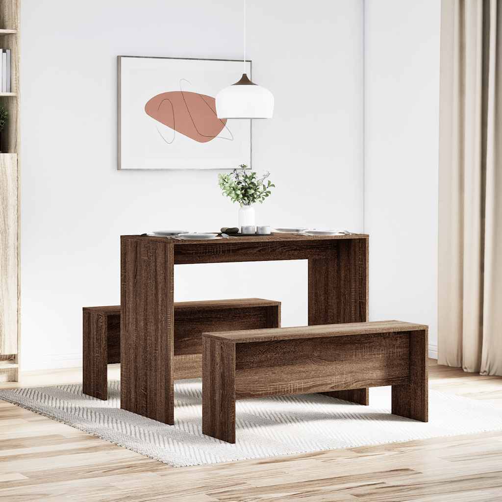 3-piece dining table and bench set brown oak look wood material