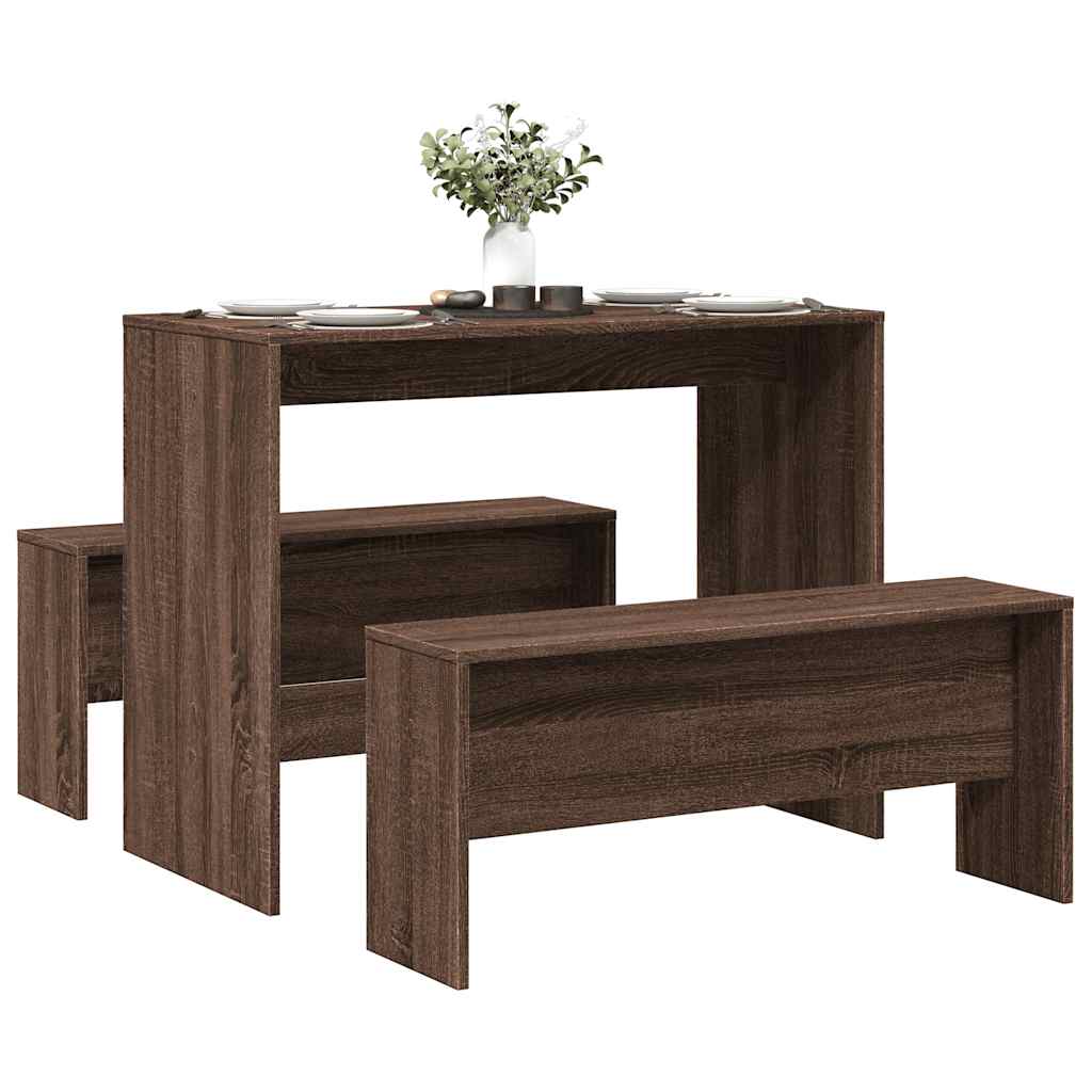 3-piece dining table and bench set brown oak look wood material