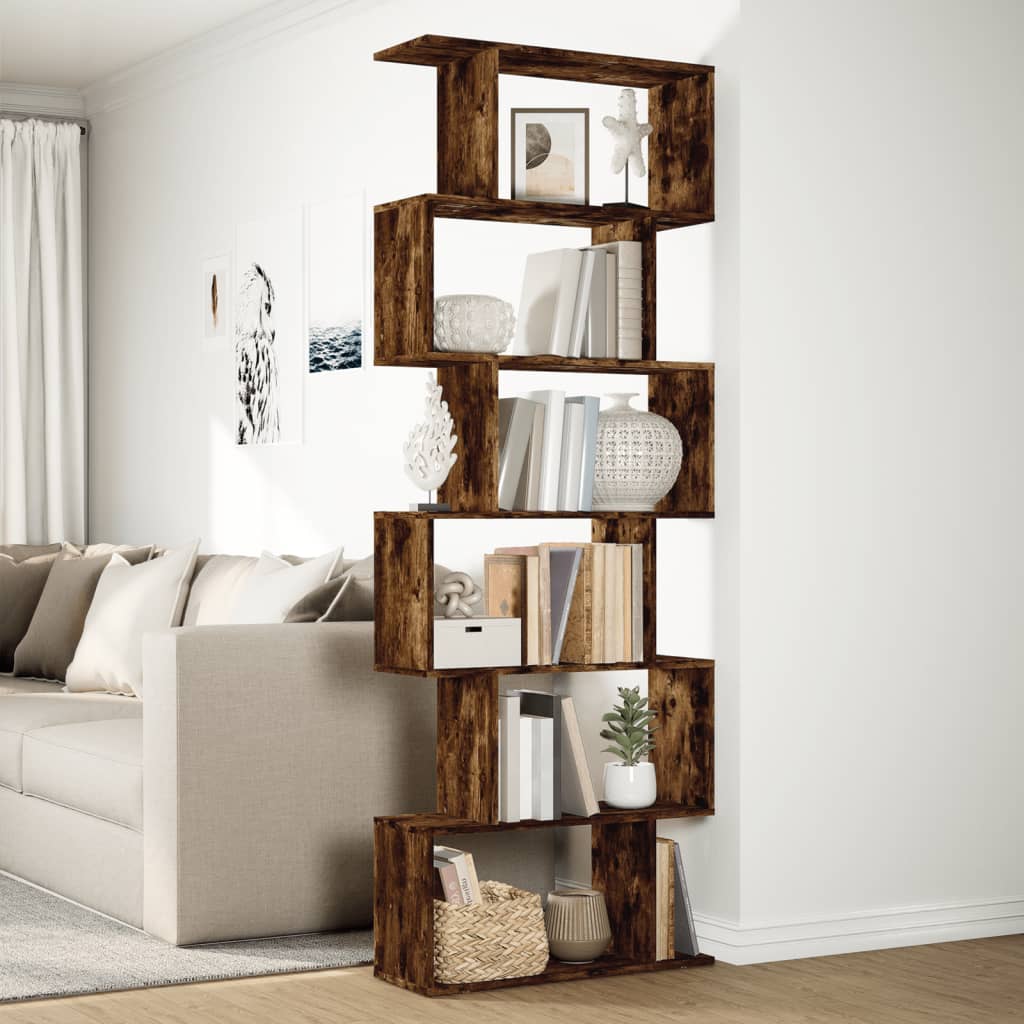 Room Divider Bookcase 6 Tiers Smoked Oak 70x24x193 cm