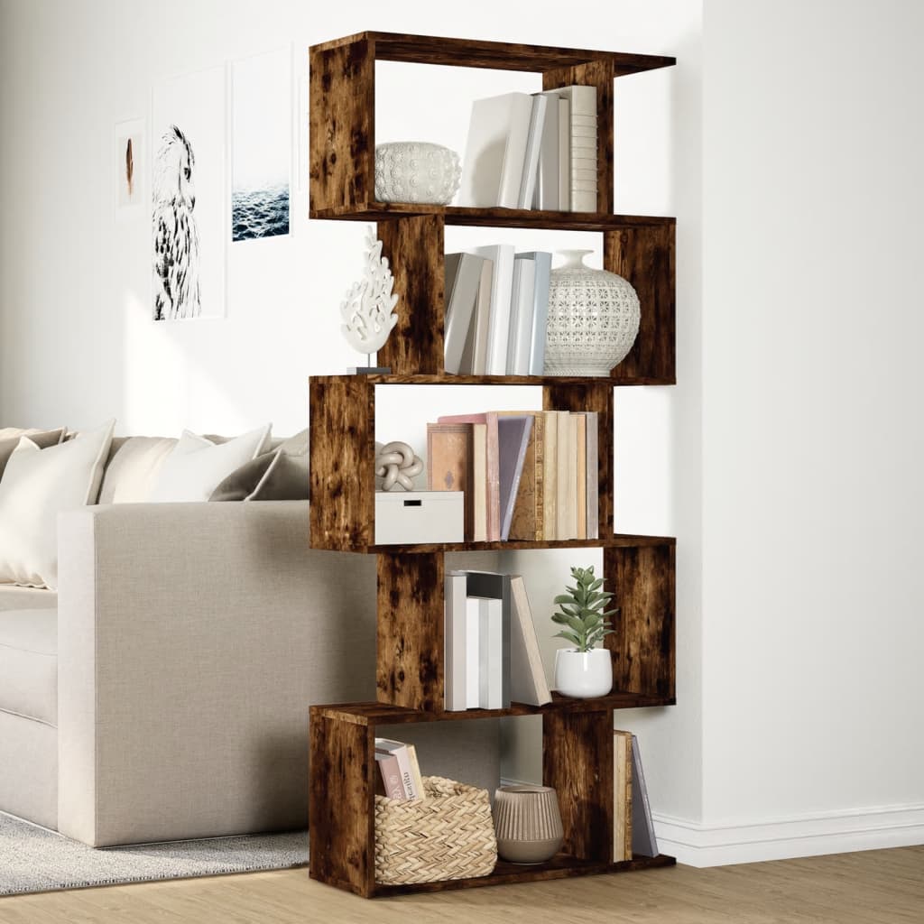 Room Divider Bookcase 5 Tiers Smoked Oak 70x24x161 cm