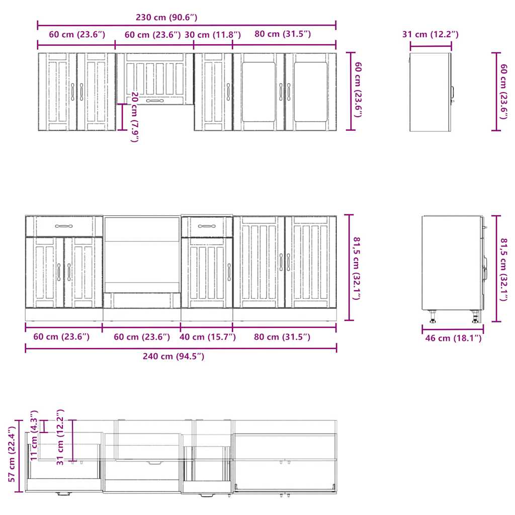 8-tlg. Küchenschrank-Set Kalmar Betongrau Holzwerkstoff