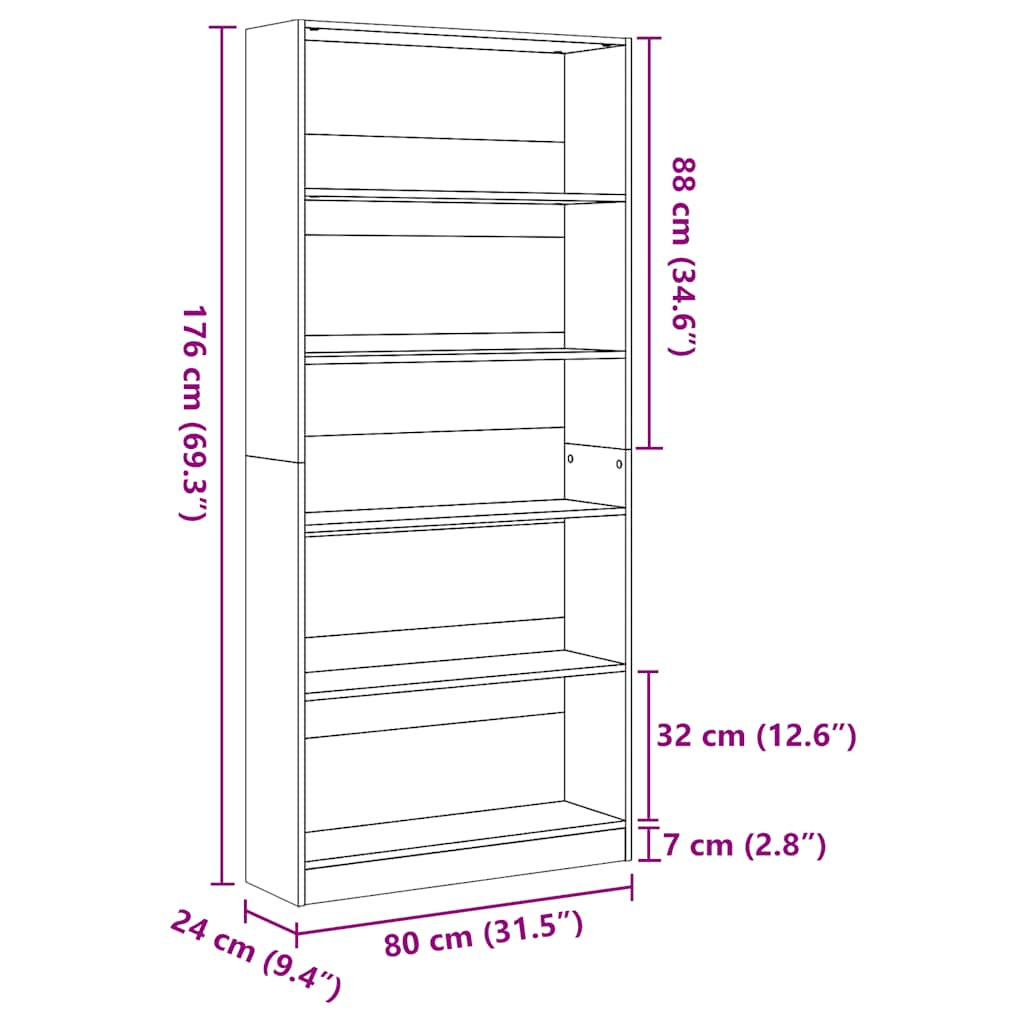 Bookcase High Gloss White 80x24x176 cm Wood Material