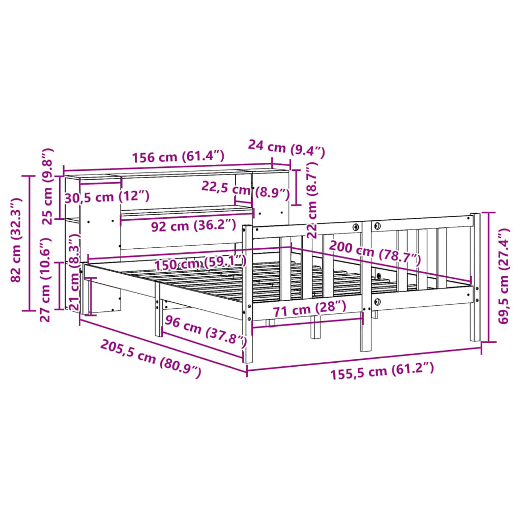 Massivholzbett mit Regal ohne Matratze 150x200 cm Kiefernholz