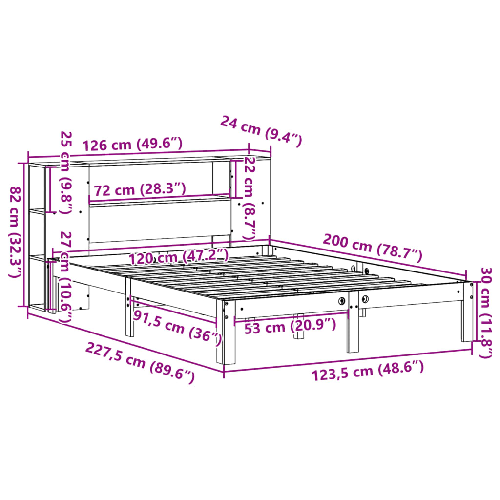 Massivholzbett mit Regal ohne Matratze Wachsbraun 120x200 cm