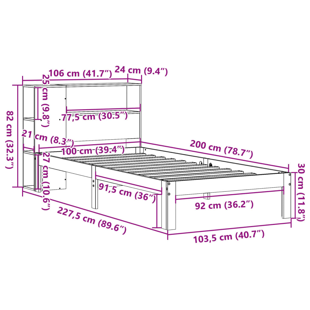 Massivholzbett mit Regal ohne Matratze Wachsbraun 100x200 cm