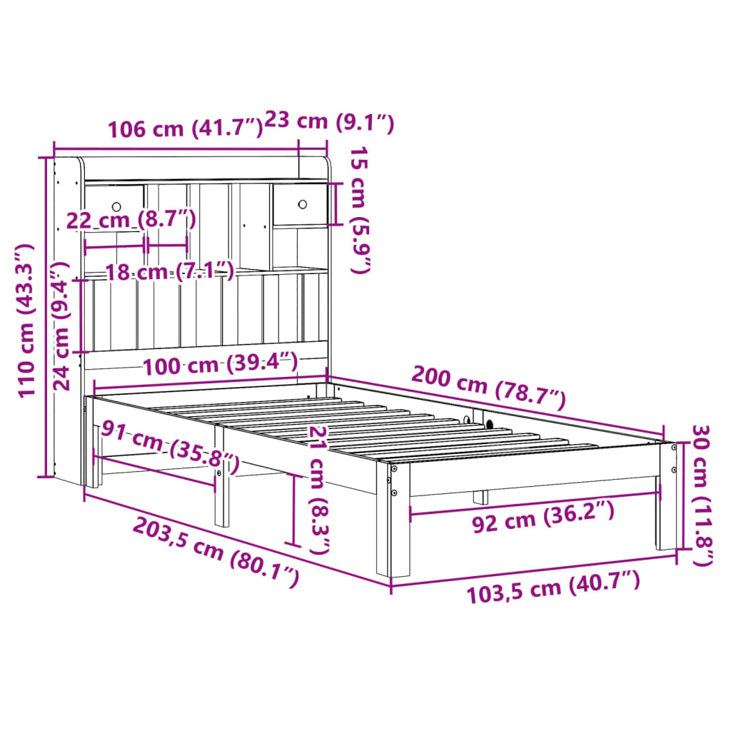 Massivholzbett mit Regal ohne Matratze Wachsbraun 100x200 cm