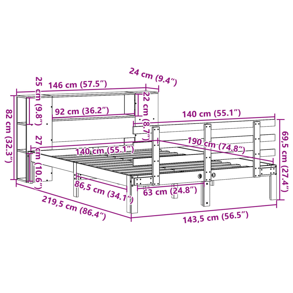 Massivholzbett mit Regal ohne Matratze Wachsbraun 140x190 cm