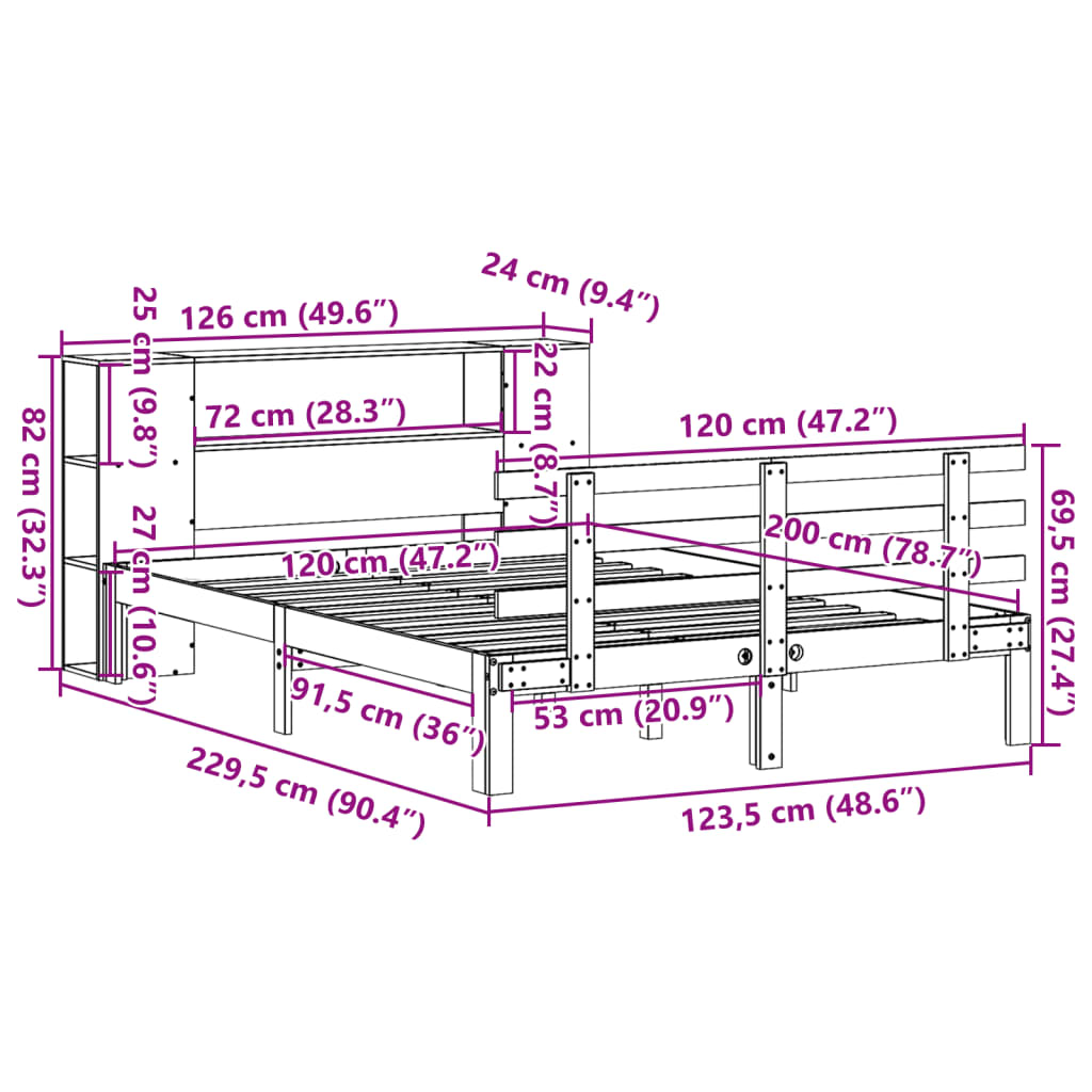 Massivholzbett mit Regal ohne Matratze Wachsbraun 120x200 cm