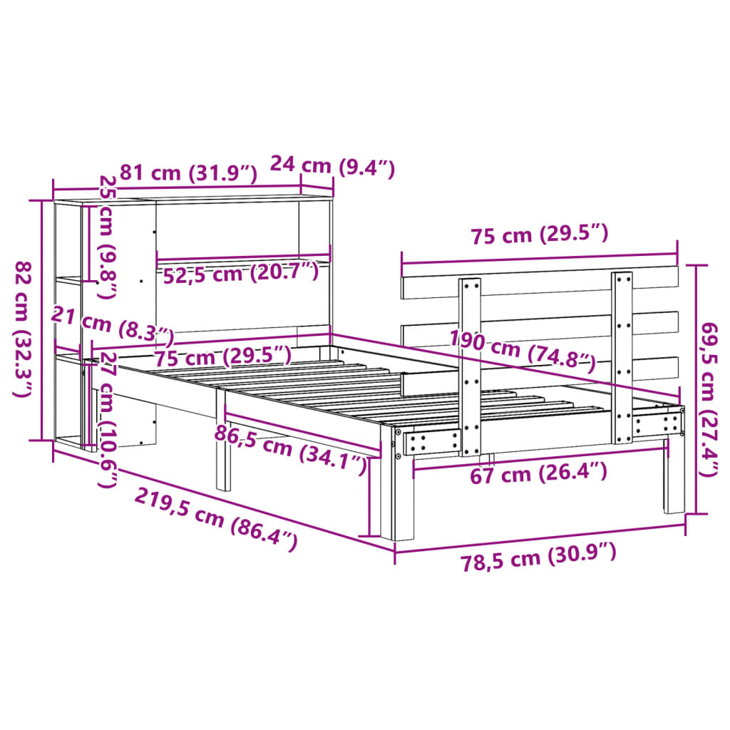 Massivholzbett mit Regal ohne Matratze Wachsbraun 75x190 cm