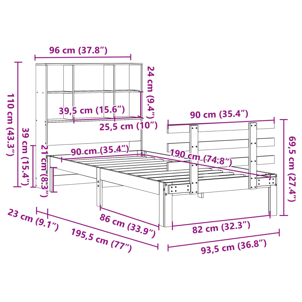 Massivholzbett mit Regal ohne Matratze Wachsbraun 90x190 cm