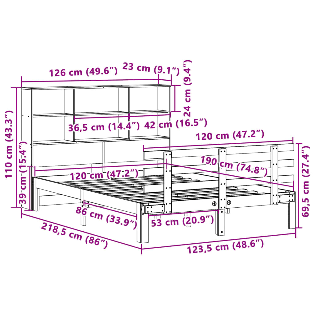 Massivholzbett mit Regal ohne Matratze Wachsbraun 120x190 cm