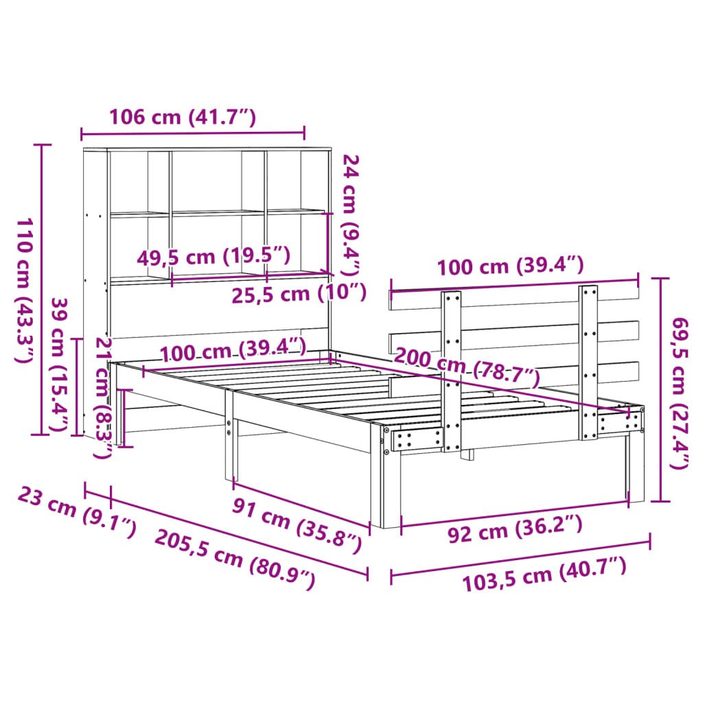 Massivholzbett mit Regal ohne Matratze Wachsbraun 100x200 cm