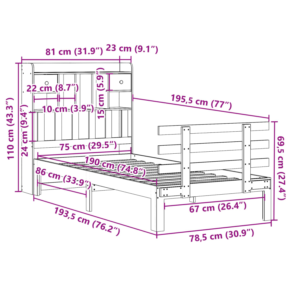 Massivholzbett mit Regal ohne Matratze Wachsbraun 75x190 cm