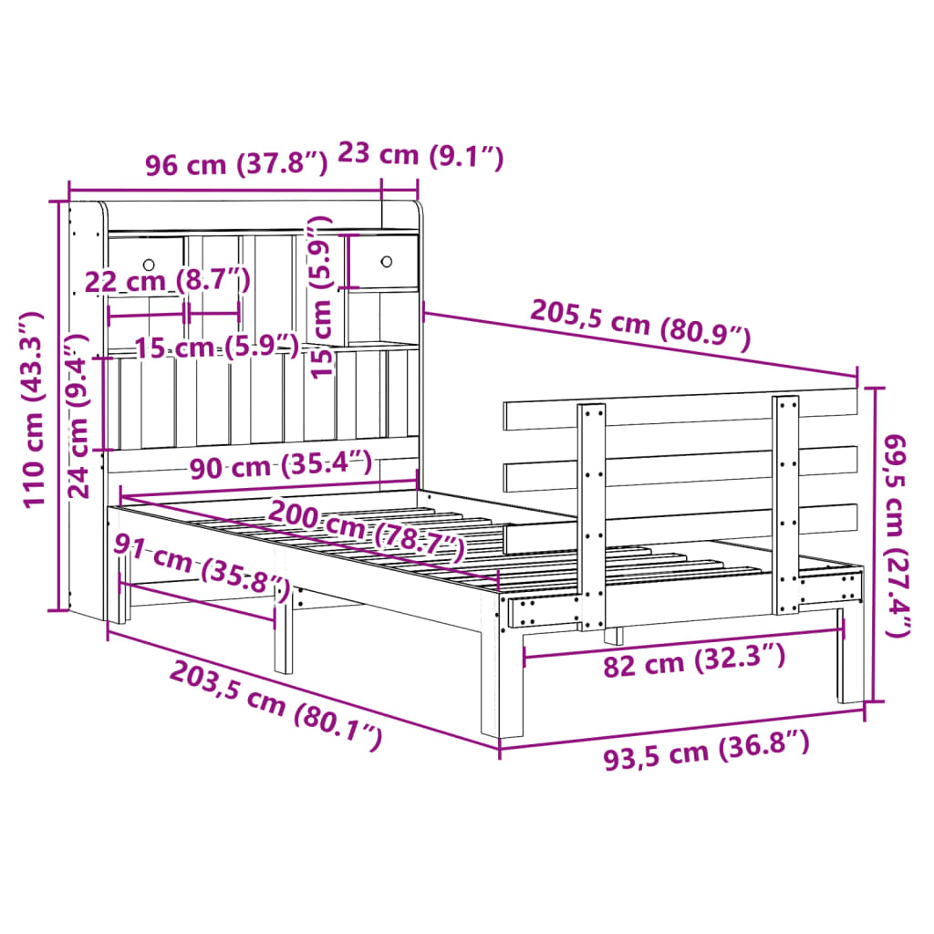 Massivholzbett mit Regal ohne Matratze Wachsbraun 90x200 cm