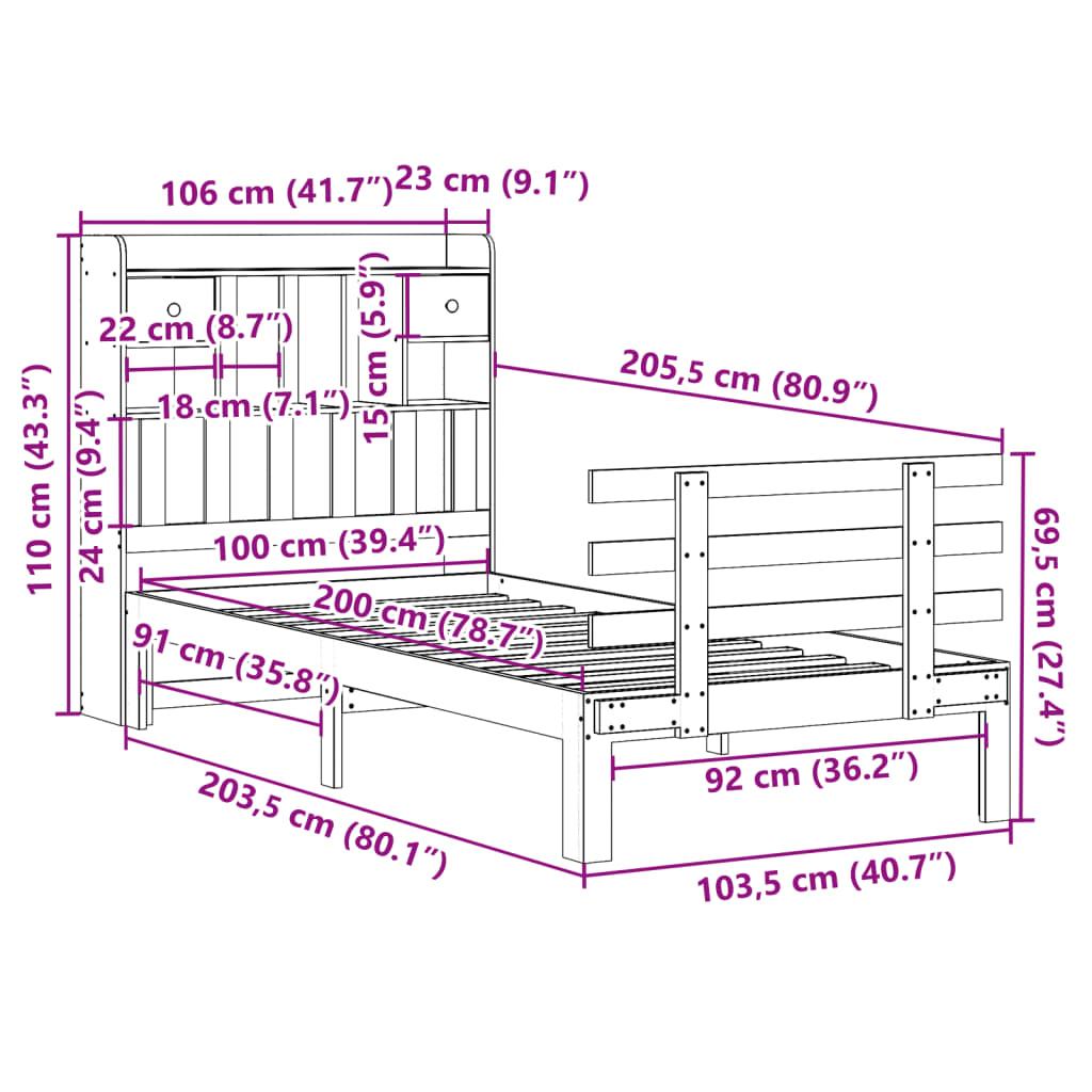 Massivholzbett mit Regal ohne Matratze Wachsbraun 100x200 cm