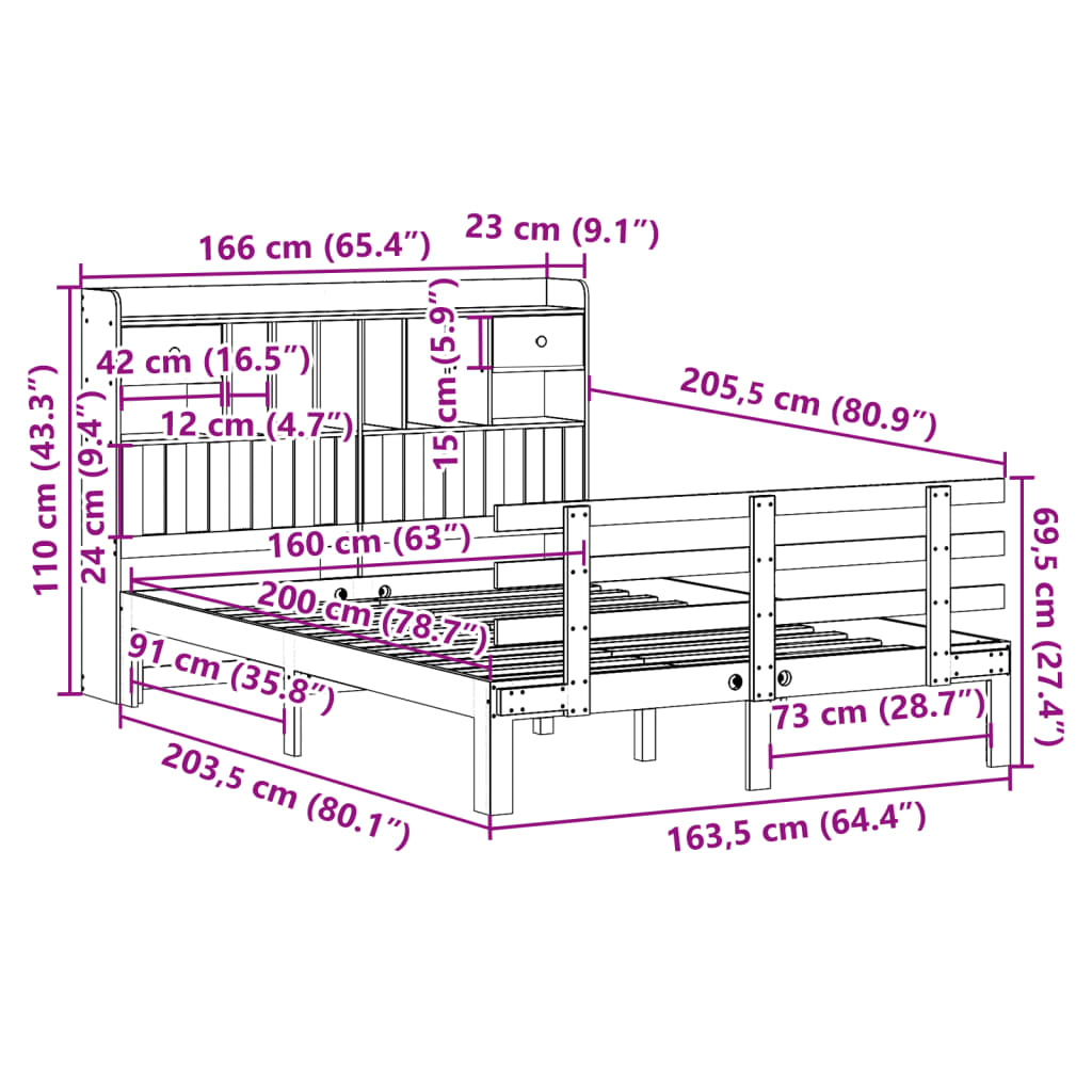 Massivholzbett mit Regal ohne Matratze Wachsbraun 160x200 cm