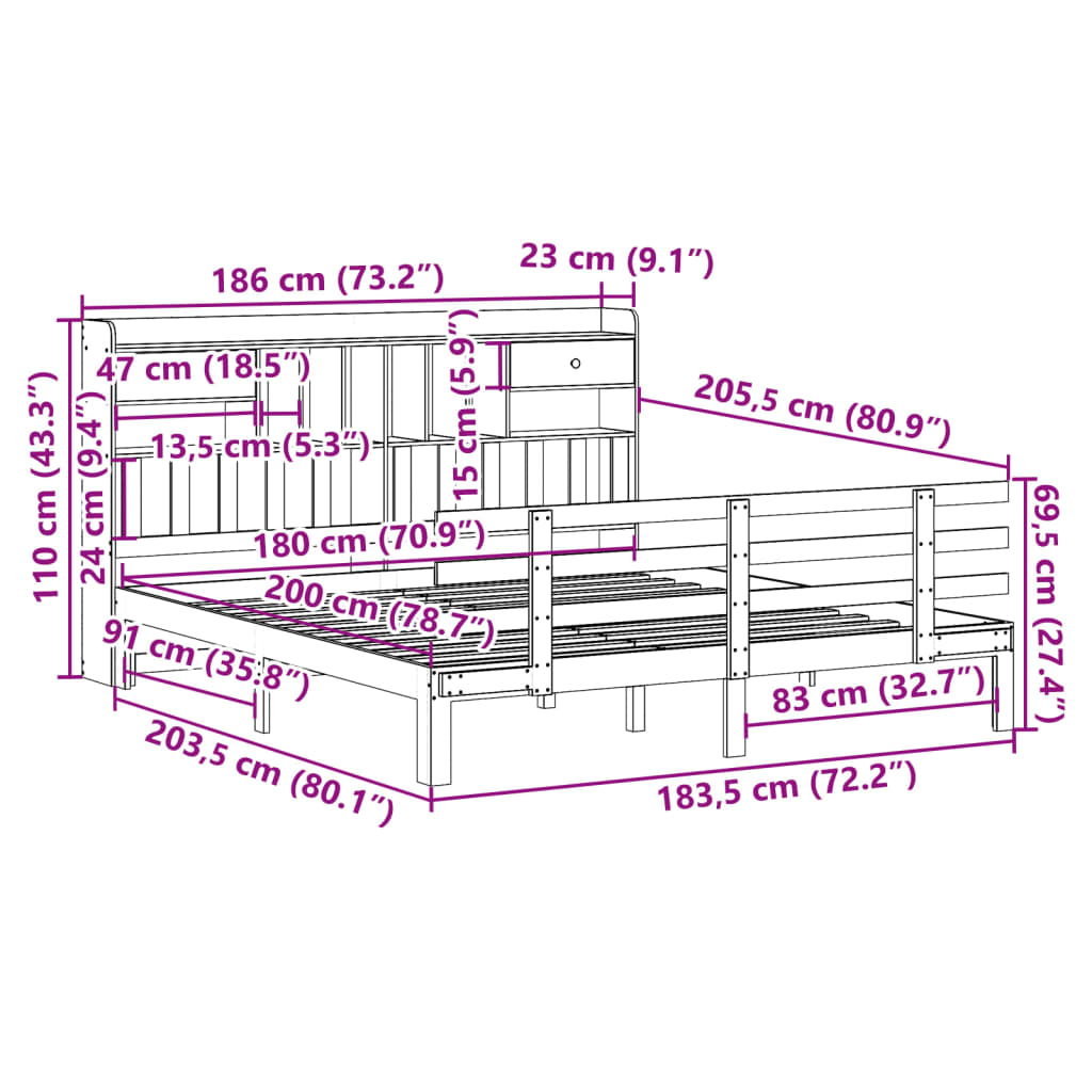 Massivholzbett mit Regal ohne Matratze Wachsbraun 180x200 cm