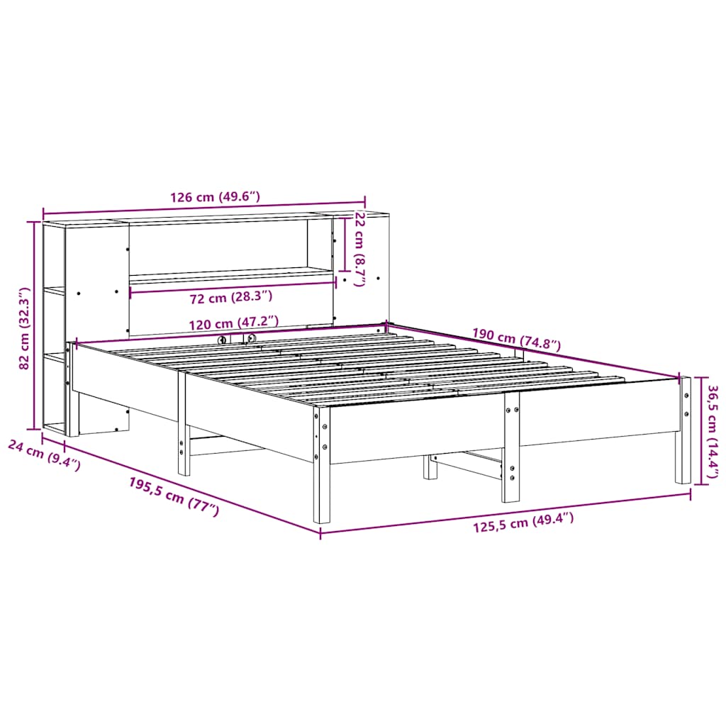 Massivholzbett mit Regal ohne Matratze Wachsbraun 120x190 cm