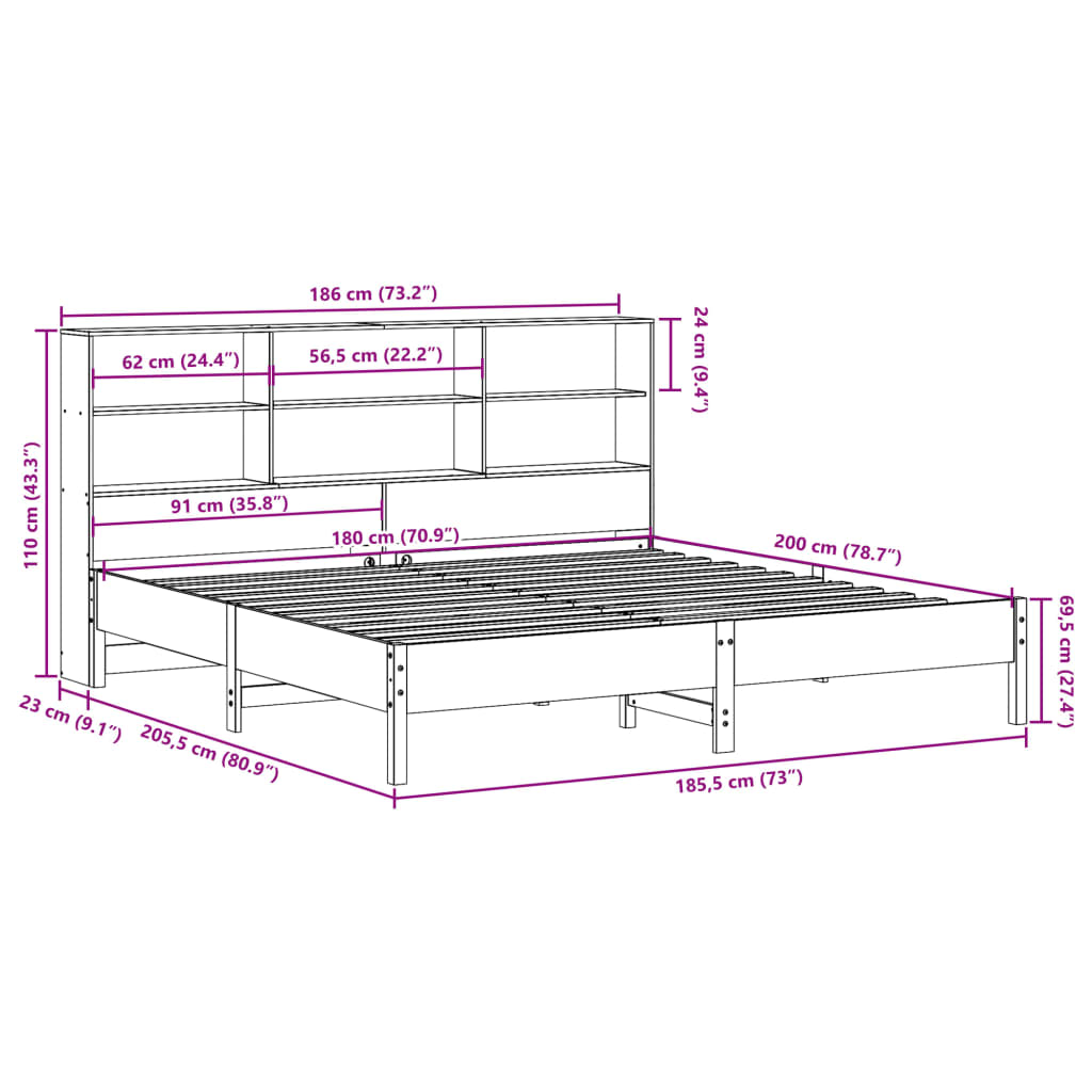 Massivholzbett mit Regal ohne Matratze Wachsbraun 180x200 cm