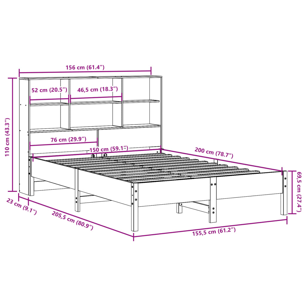 Massivholzbett mit Regal ohne Matratze Wachsbraun 150x200 cm