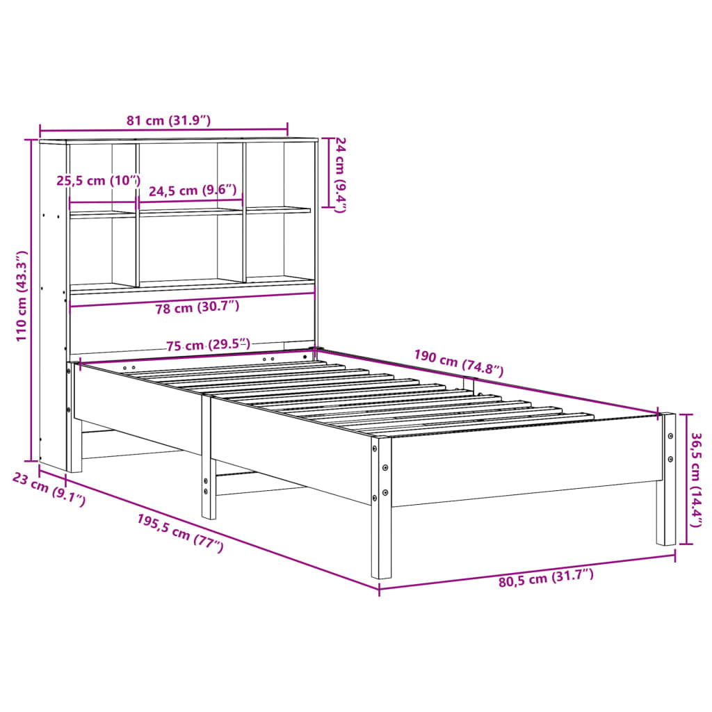 Massivholzbett mit Regal ohne Matratze Wachsbraun 75x190 cm