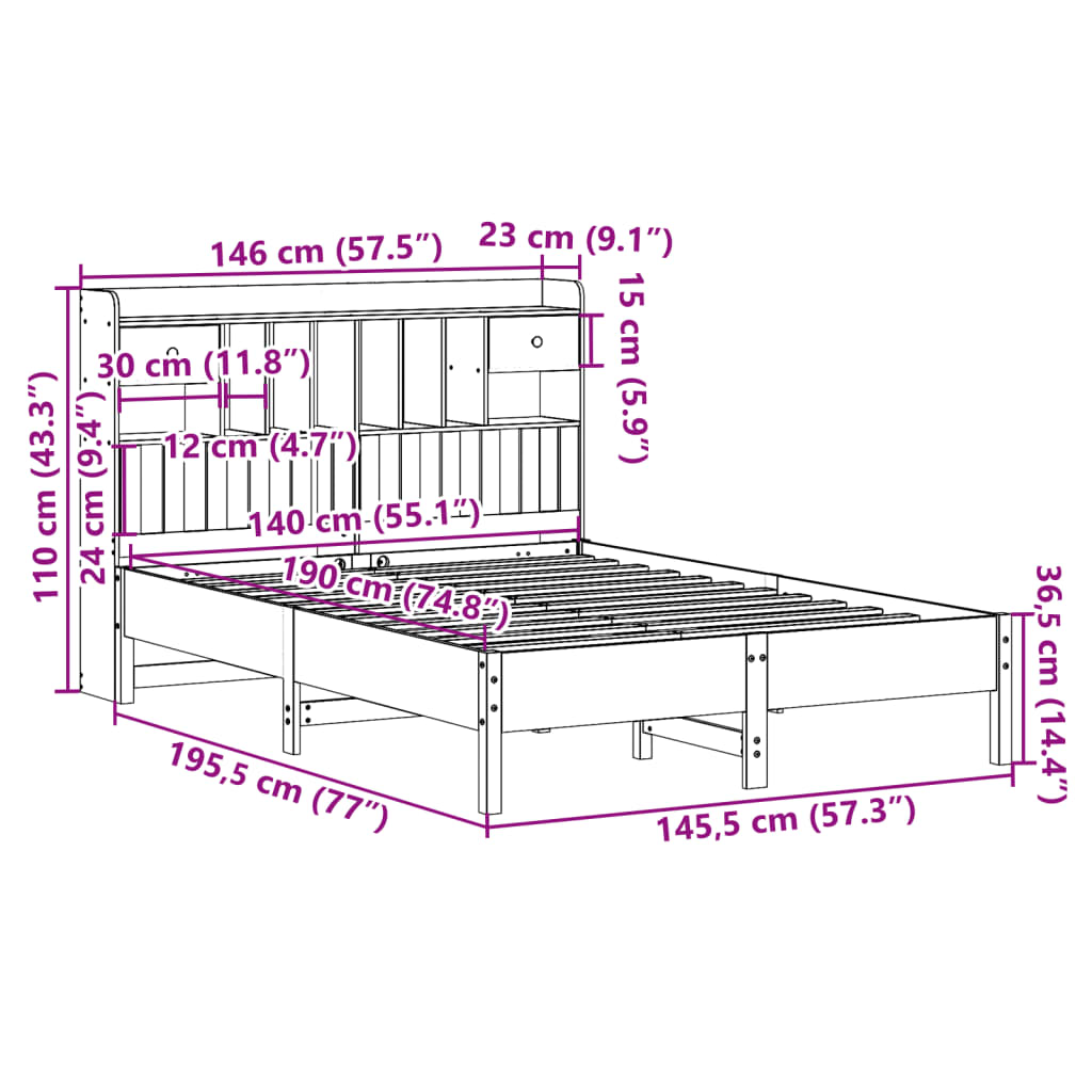 Massivholzbett mit Regal ohne Matratze 140x190 cm Kiefer