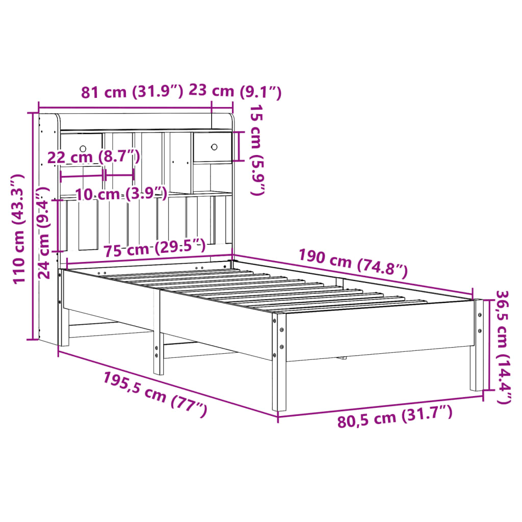 Massivholzbett mit Regal ohne Matratze Wachsbraun 75x190 cm