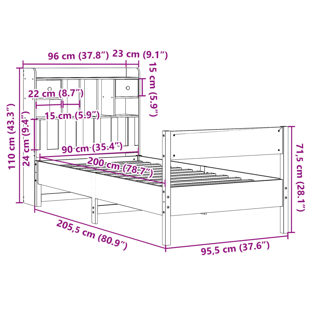 Massivholzbett mit Regal ohne Matratze Wachsbraun 90x200 cm