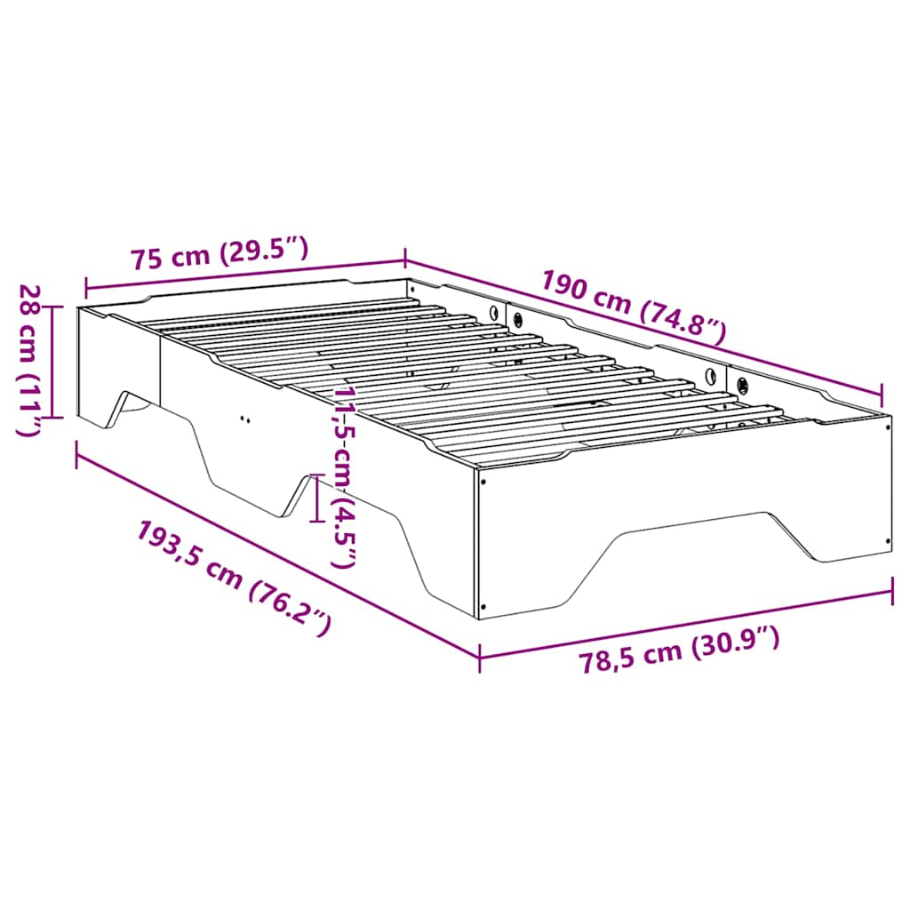 Solid wood bed without mattress Stackable 75x190 cm