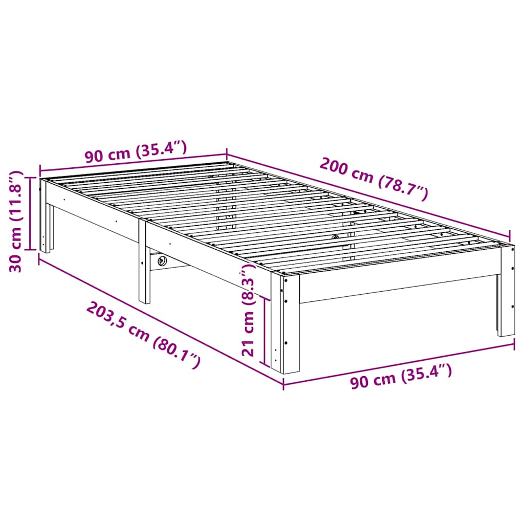 Solid wood bed without mattress 90x200 pinewood