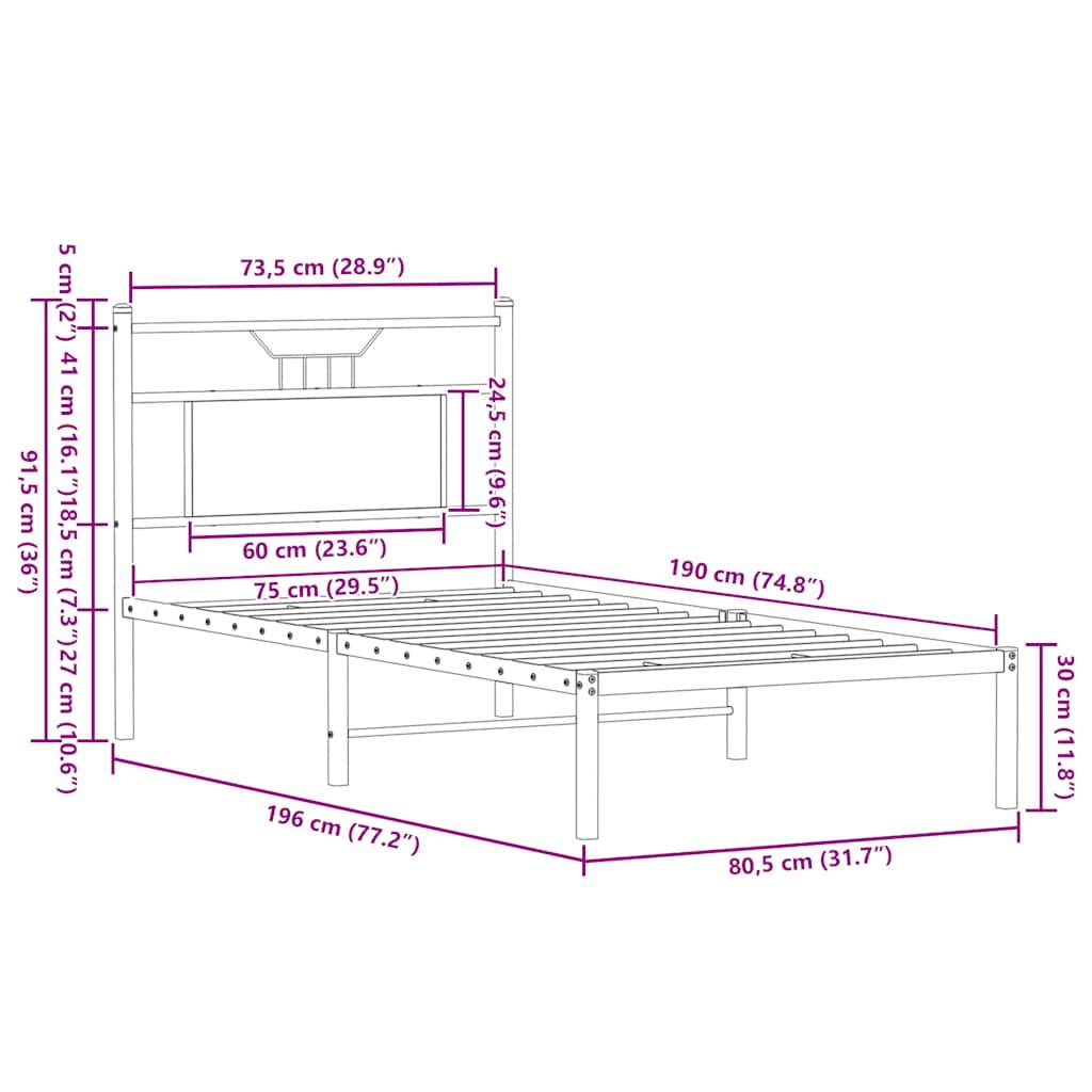 Bed frame without mattress smoked oak 75x190 cm wood material