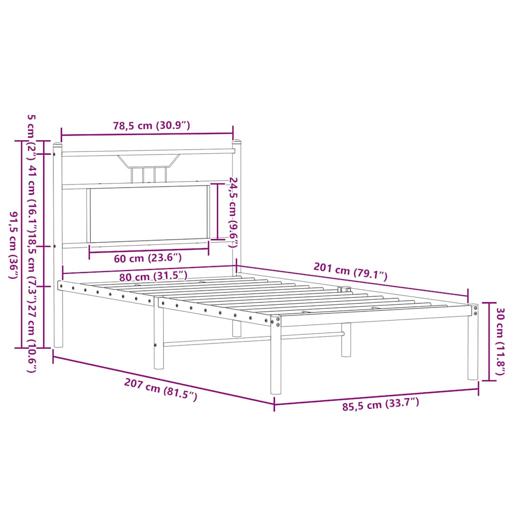 Bed frame without mattress smoked oak 80x200 cm wood material