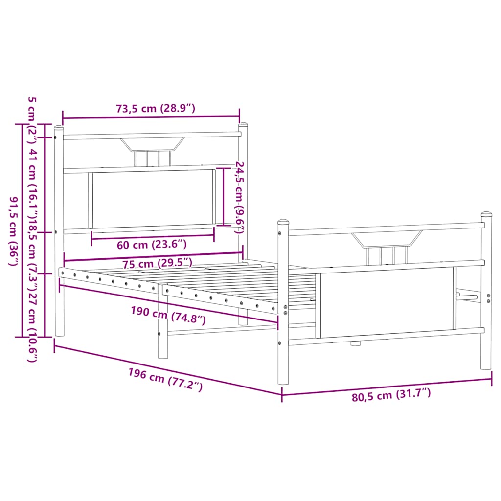 Bed frame without mattress smoked oak 75x190 cm wood material