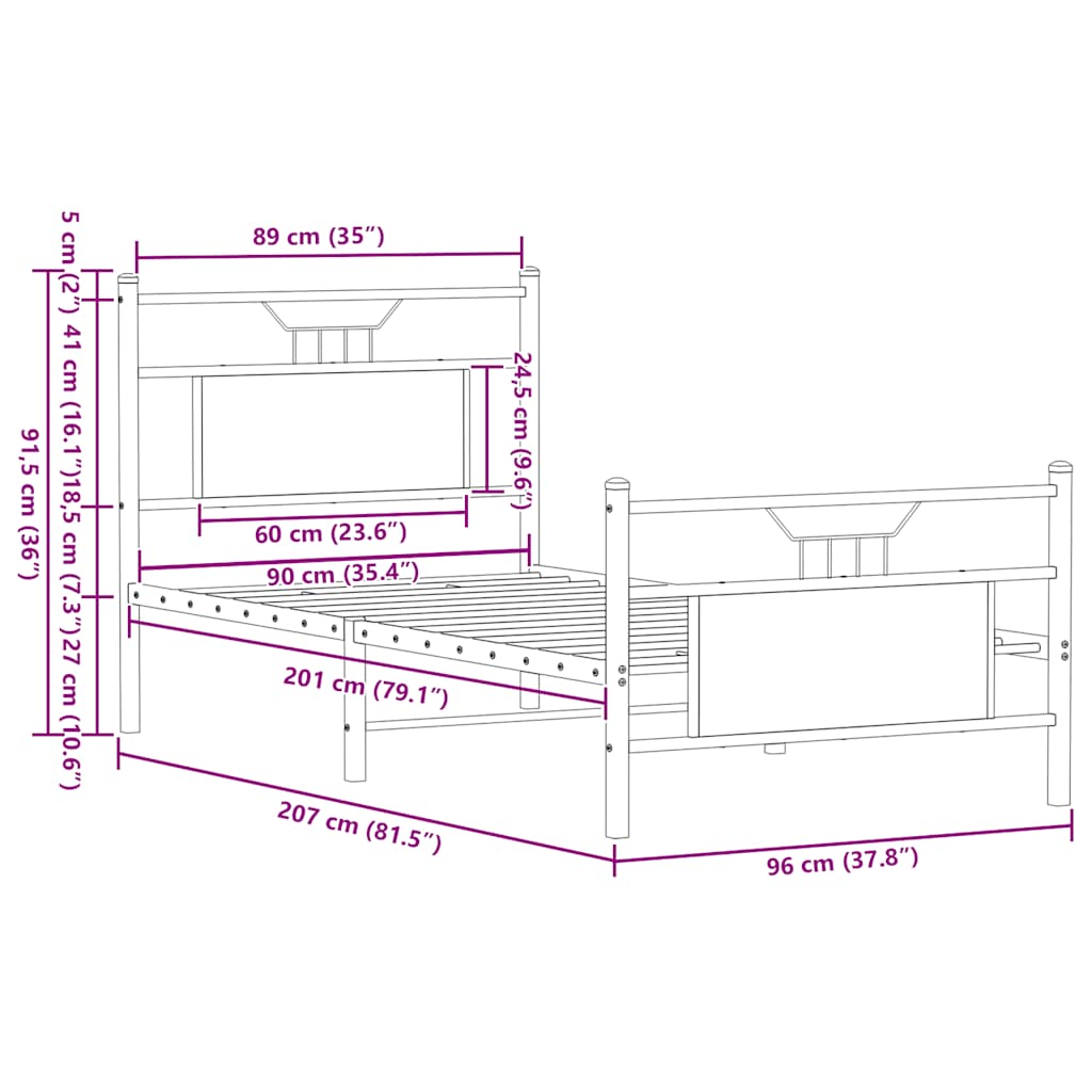 Bed frame without mattress smoked oak 90x200 cm wood material