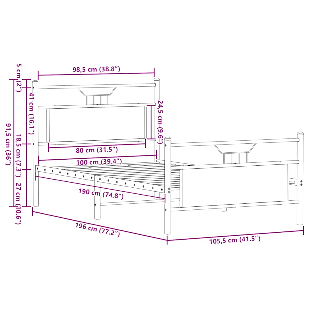 Bed frame without mattress smoked oak 100x190 cm wood material